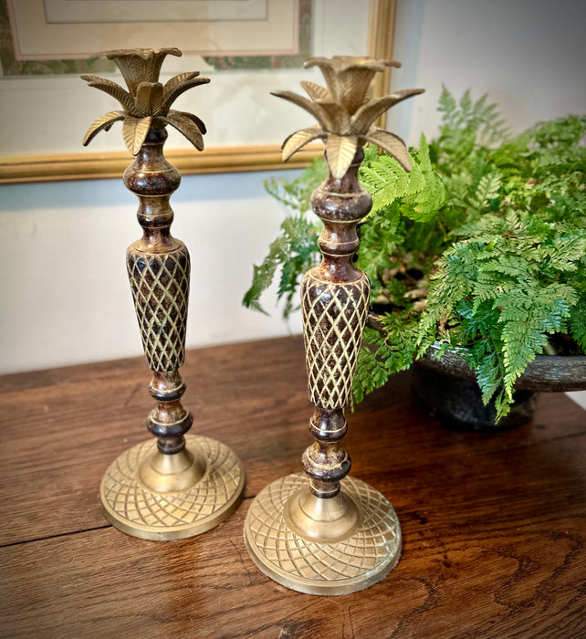 Vintage Brass & Wood Candle Holders