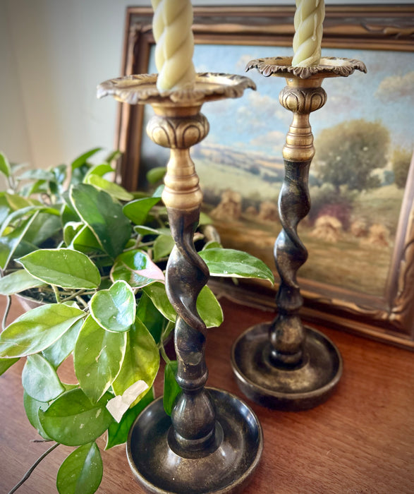 Large Pair Vintage Bronze Twist Candleholders
